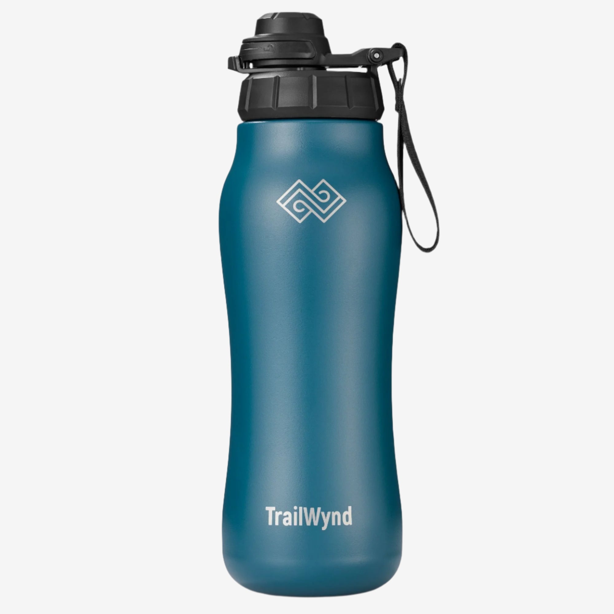 Blue water bottle with black lid and TrailWynd logo on a white background