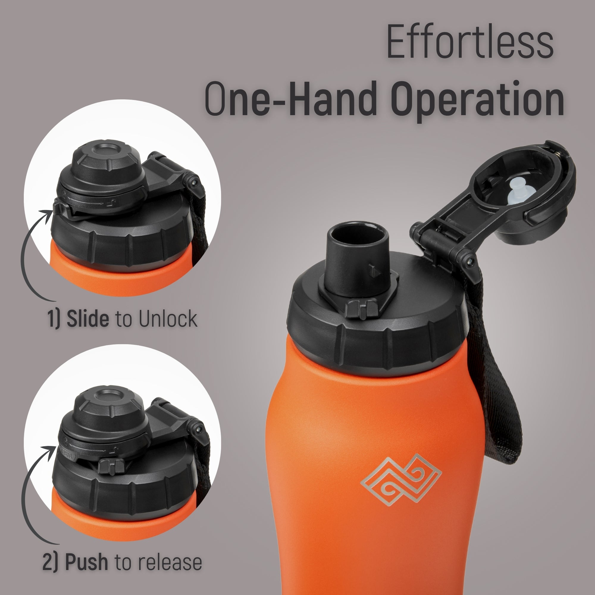 Orange water bottle with black cap and strap, featuring effortless one-hand operation instructions.