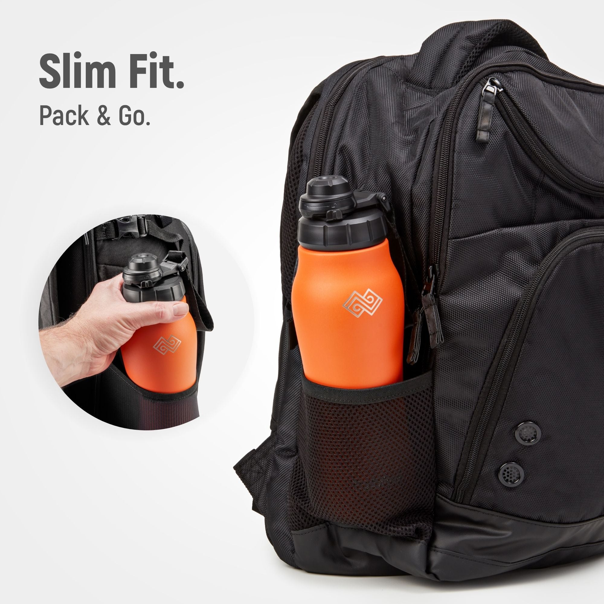 Black backpack with an orange water bottle in a pocket, featuring 'Slim Fit' text.