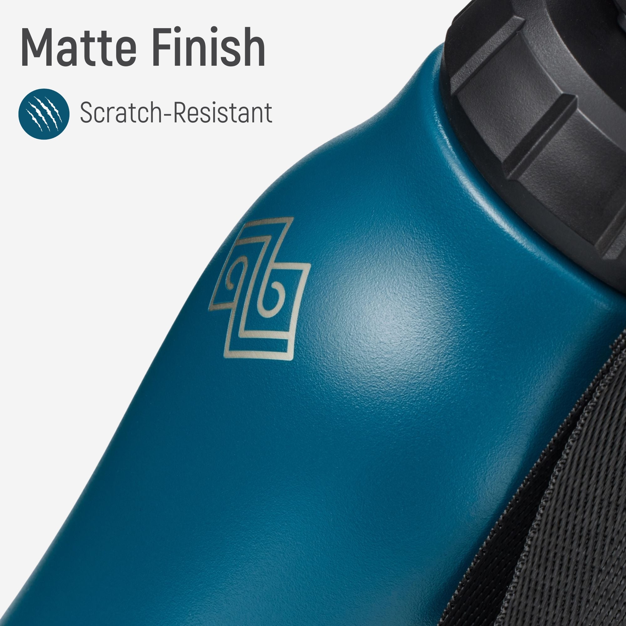 Blue water bottle with black cap and TrailWynd logo engraved