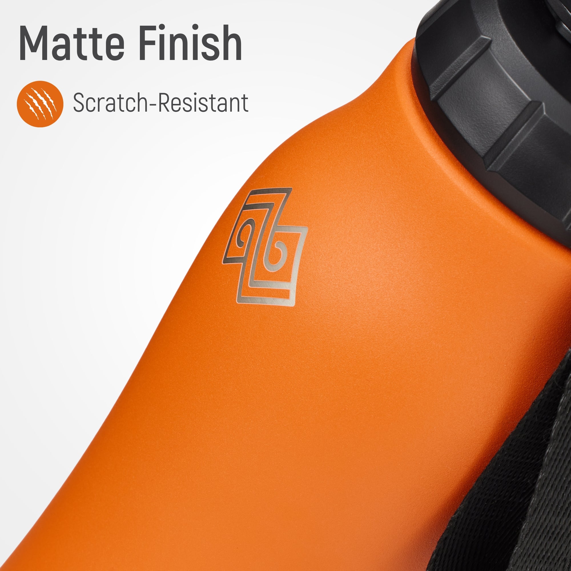 Orange object with a black lid and scratch-resistant feature label on a white background