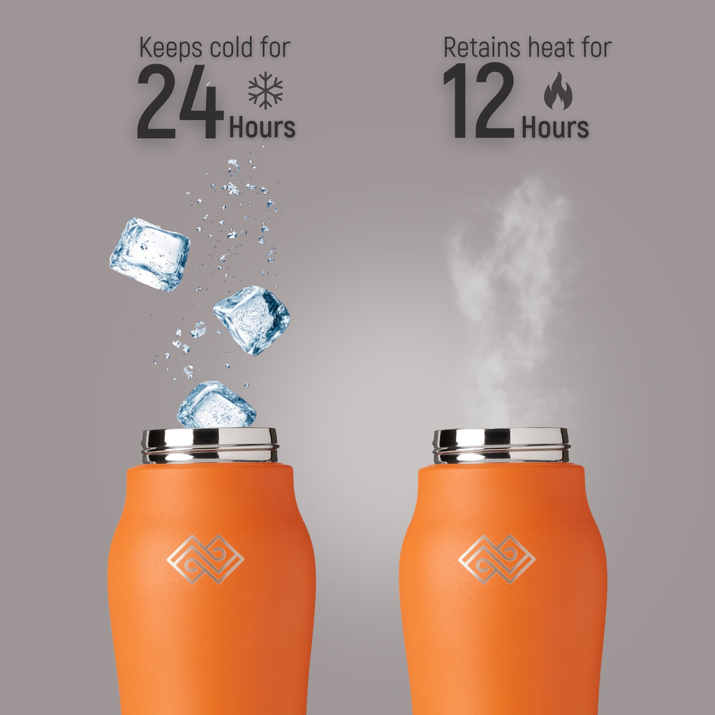 Two orange insulated bottles with temperature retention graphics on a gray background