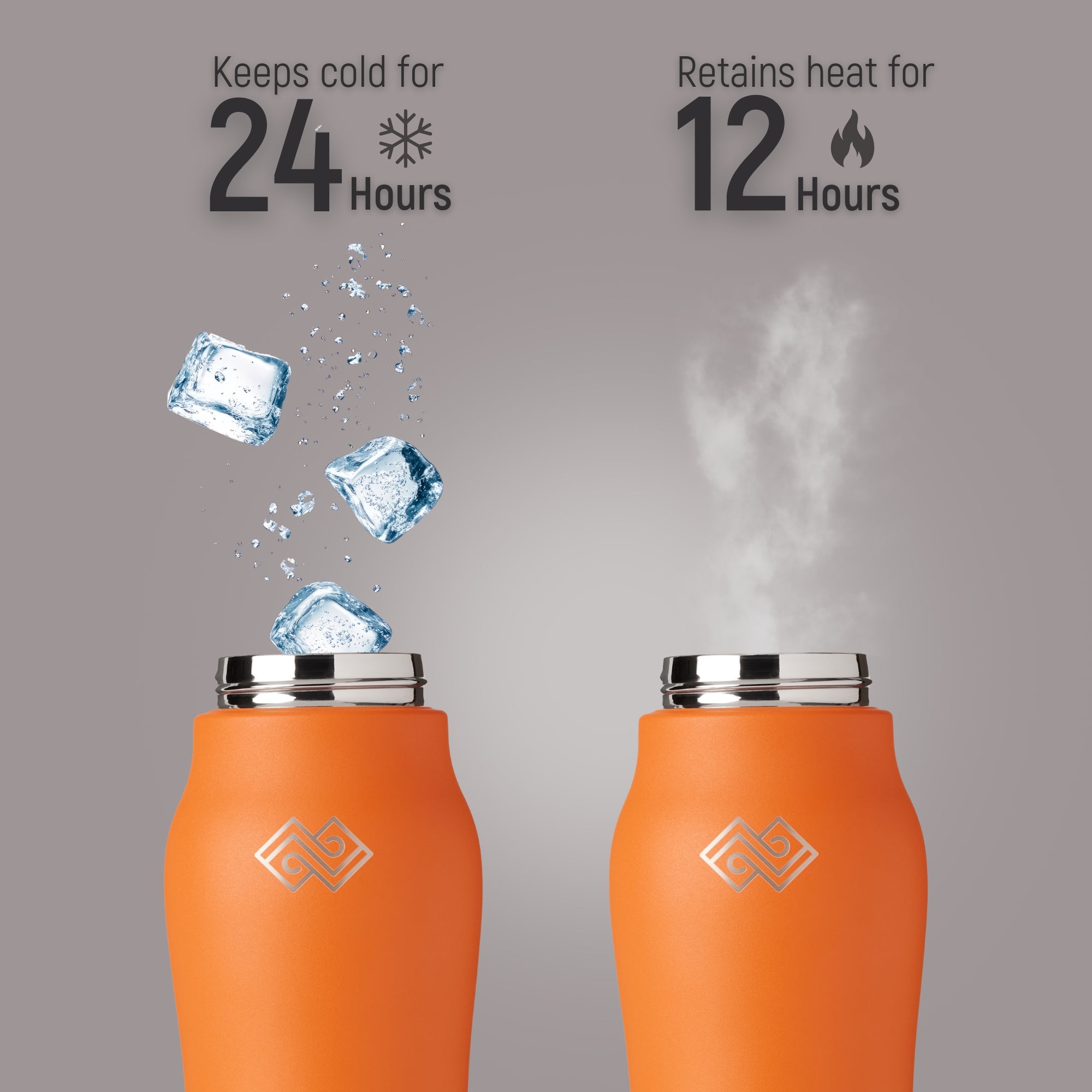 Two orange insulated bottles with temperature retention graphics on a gray background