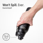 Black water bottle with a hand holding it, featuring text 'Won't Spill. Ever. Guaranteed!' on a white background.