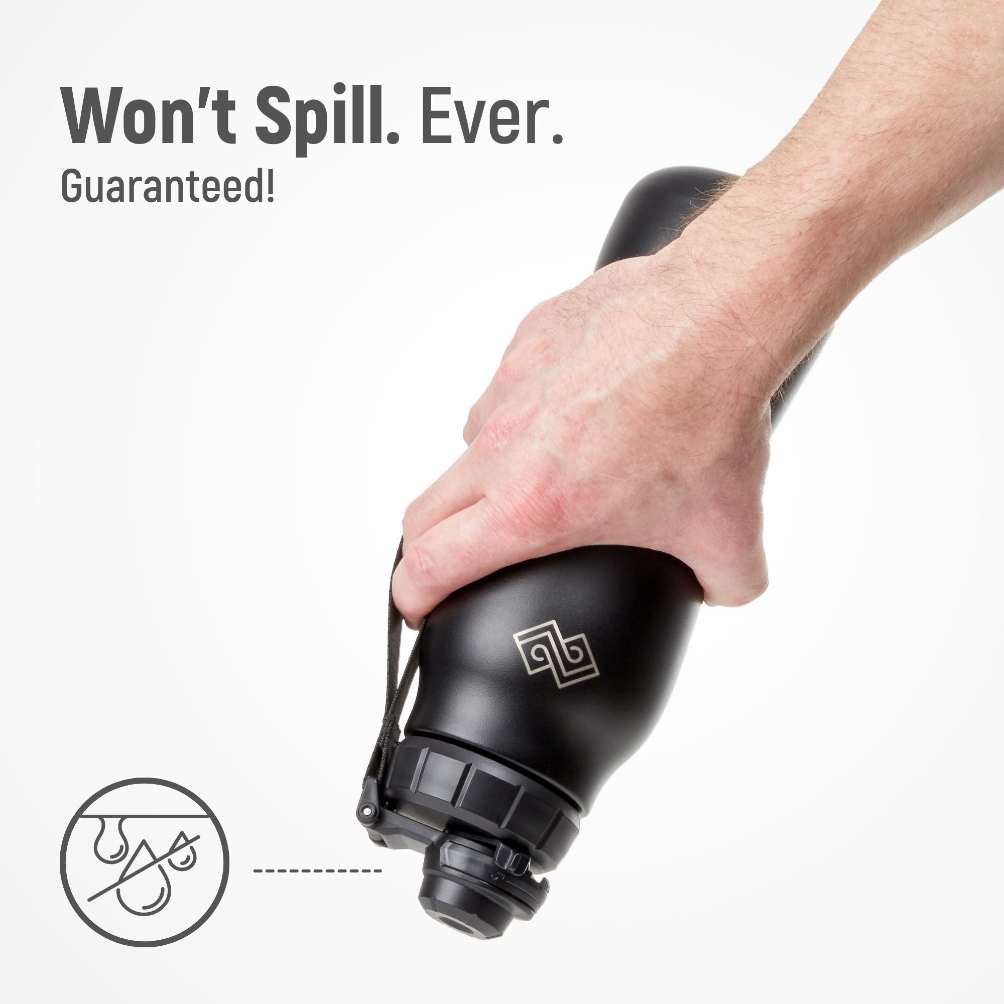 Black water bottle with a hand holding it, featuring text 'Won't Spill. Ever. Guaranteed!' on a white background.