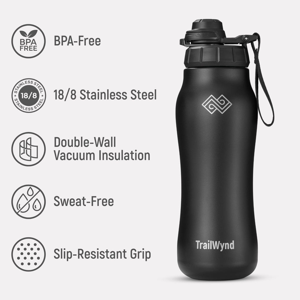 Black insulated water bottle with TrailWynd branding on a light gray background