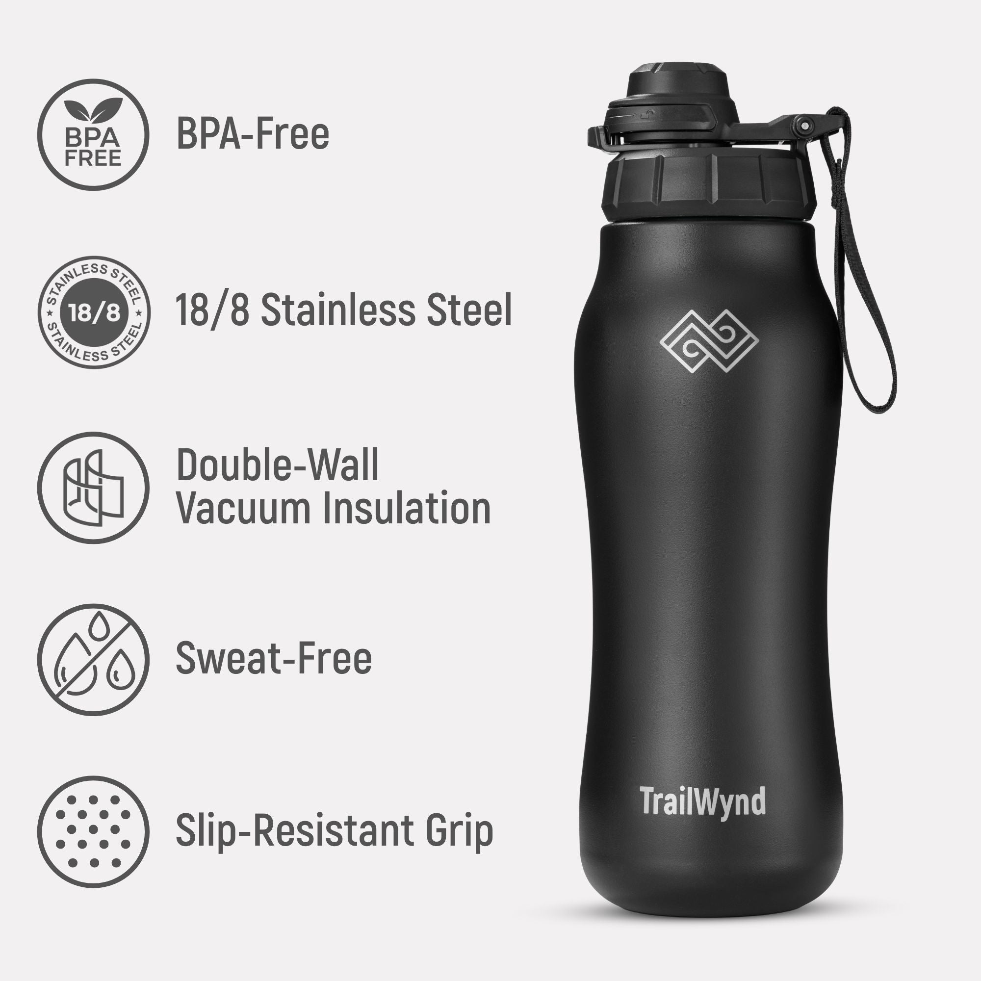 Black insulated water bottle with TrailWynd branding on a light gray background