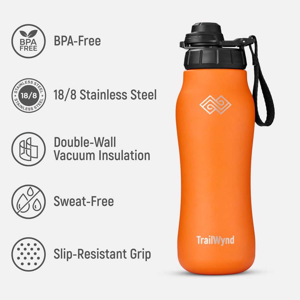 Orange water bottle with black lid and handle, featuring TrailWyd branding on a light gray background.