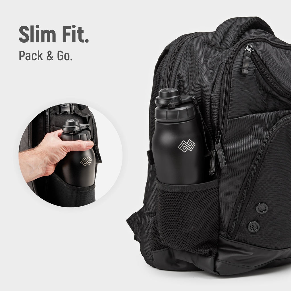Black backpack with water bottle holder and 'Slim Fit' text on a white background