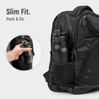 Black backpack with water bottle holder and 'Slim Fit' text on a white background