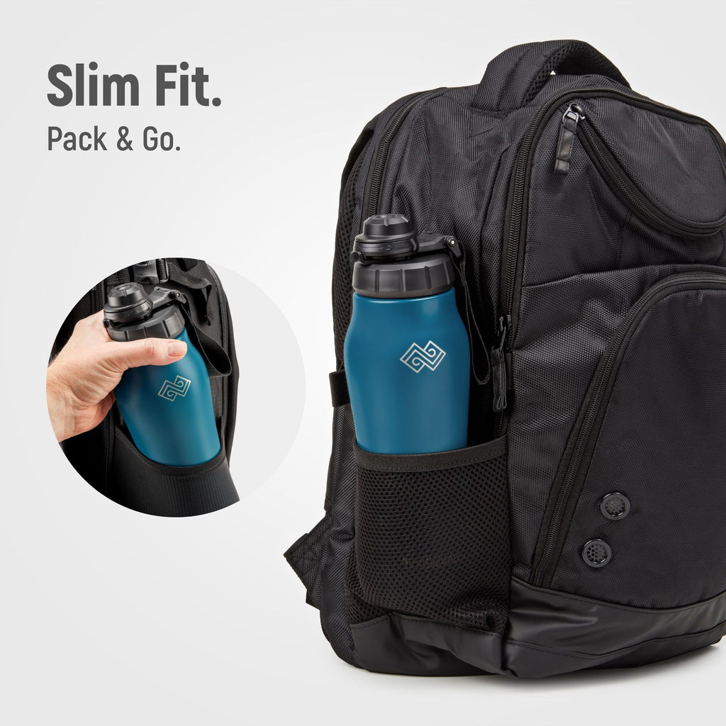 Black backpack with blue water bottles and 'Slim Fit. Pack & Go.' text on a light gray background