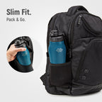 Black backpack with blue water bottles and 'Slim Fit. Pack & Go.' text on a light gray background